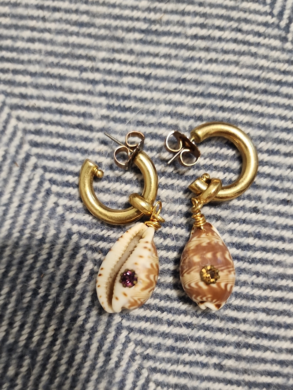 Gold Hoop Earrings with Shell Charms and Gem Accents